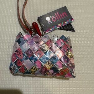 Nahui Ollin candy wrapper Floral Wristlet with leather straps